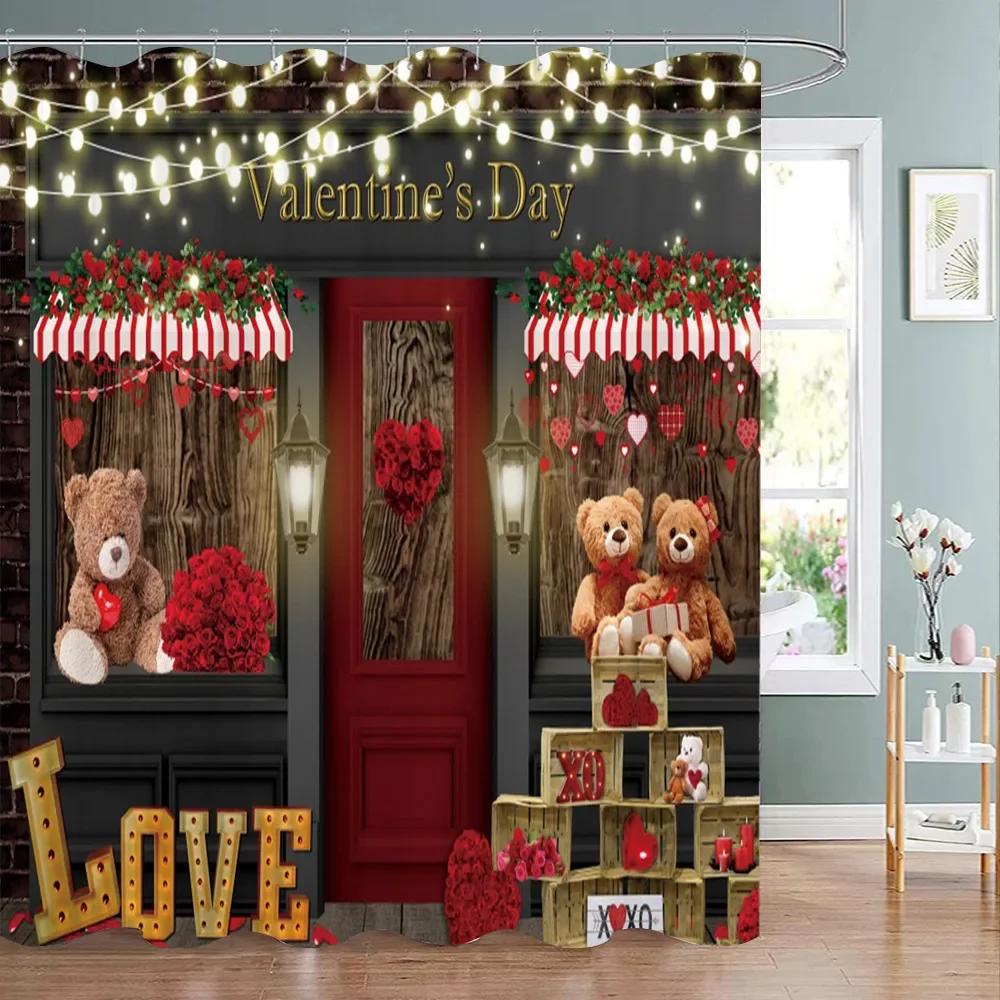 Valentine's Day Decoration Shower Curtain Holiday Gift Party Background Decoration Fabric Washable Shower Curtain Bathroom Decor