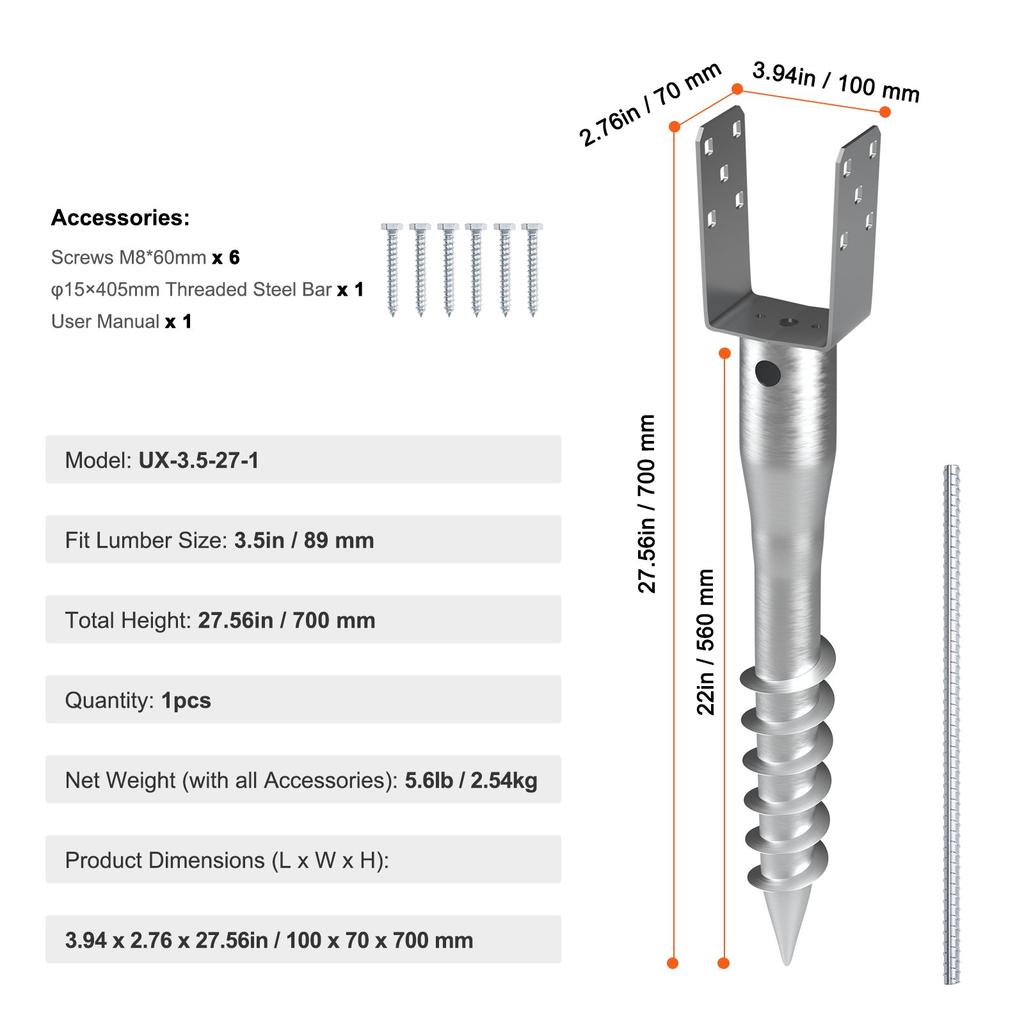 VEVOR No Dig Ground Anchor, 1 Pack 3.94 X 2.76 X 27.56 In DIY Screw In Post Stake, Includes 6 Lag Bolts & a Rebar