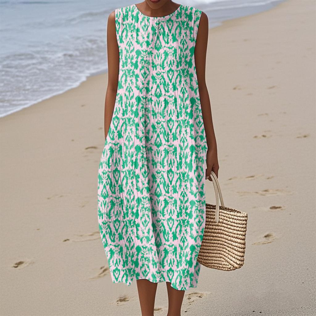 Women's Fashion Casual Sleeveless Round Neck Floral Elegant Temperament Dress