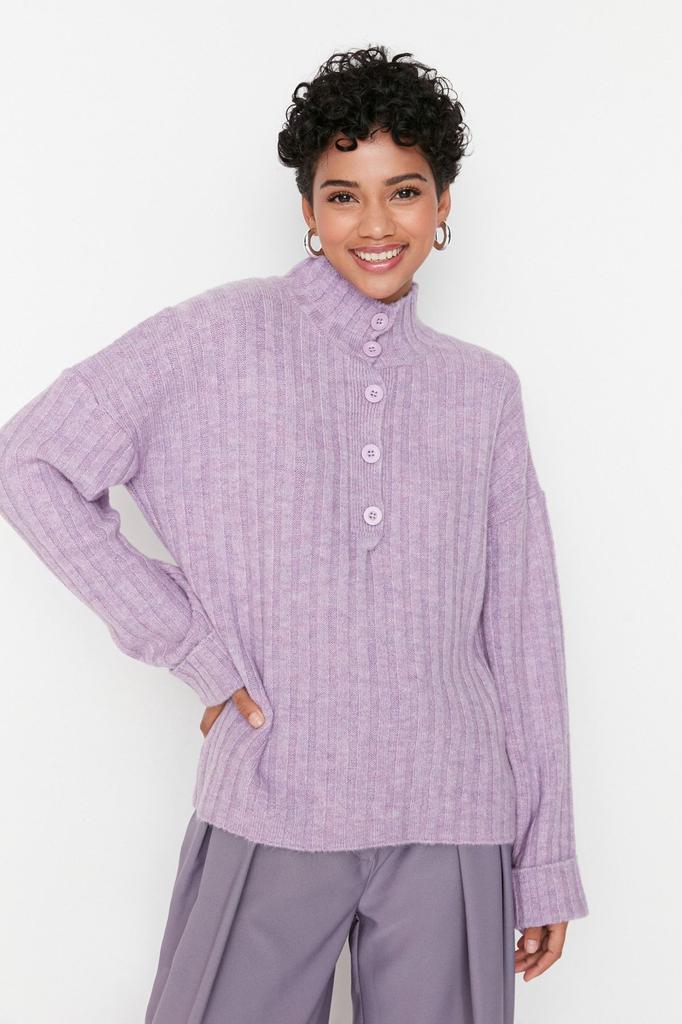 Women's Fashionable Stylish Sweater Stone Wide Fit Soft Textured High Collar Knitwear Sweater