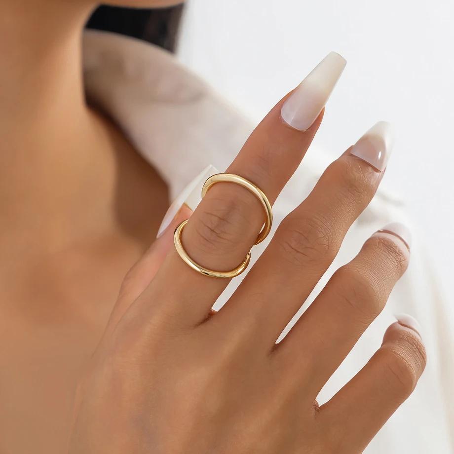 Punk Irregular Metal Line Rings for Women Men Gold Copper Color Geometric Hollow Circular Adjustable Finger Knuckle Ring Zircon