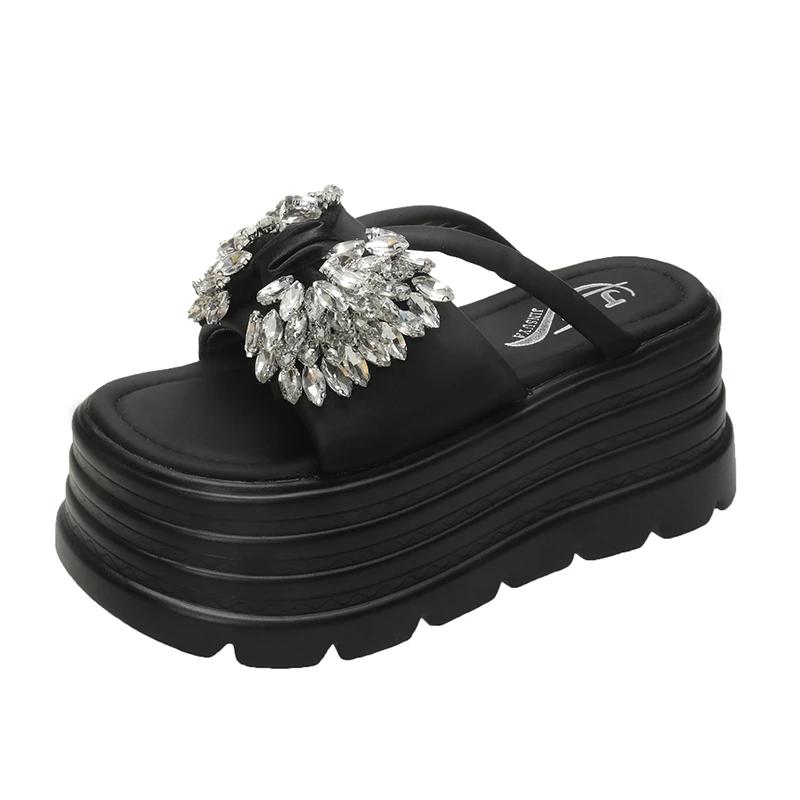 8CM Platform Slippers Sandals Woman Bling Diamond Bowknot Thick Sole Slippers Women Chunky Flip Flops Summer Casual Beach Slides