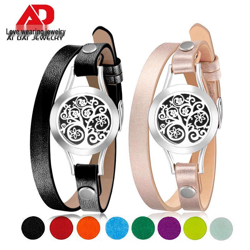 

25MM Stainless Steel Tree of Life Aromatherapy Leather Bracelet