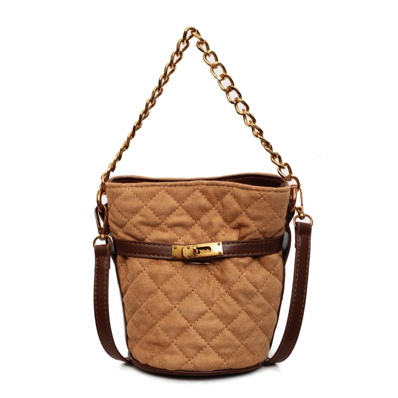 Ladies' Crossbody Bag with Leather Velvet, Diamond Grid Embroidery Thread, Chain Decoration, Small Bucket Bag, Versatile Single Shoulder Crossbody Bag