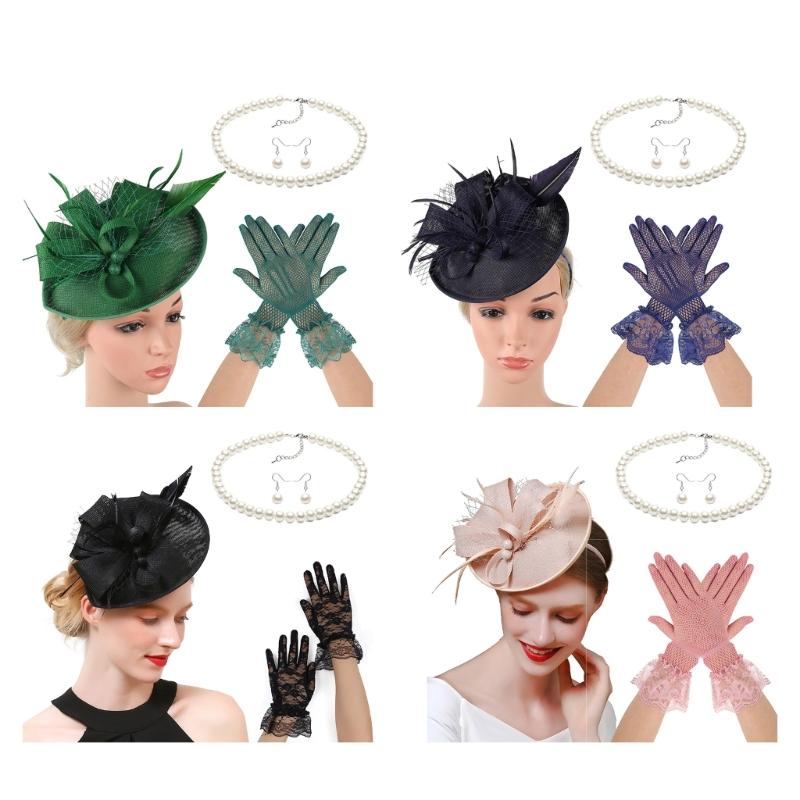 20s Derby Hat with Feathered Necklace Earrings Gloves For Women Horse Racing Event and Cocktails Party Props Headwear