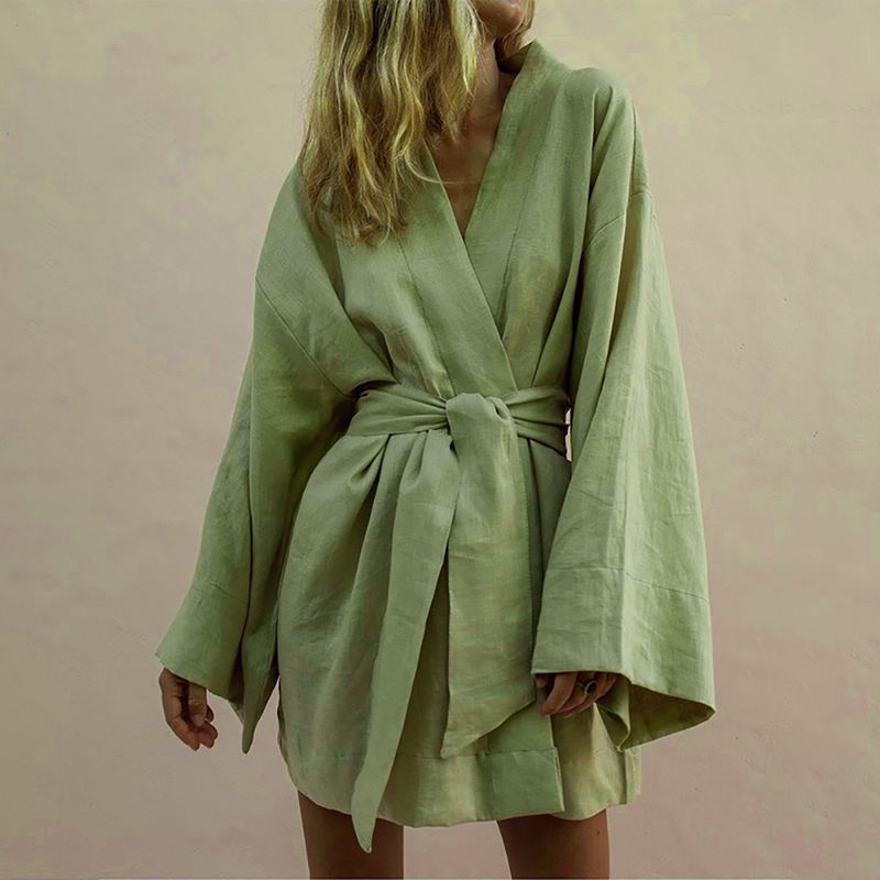 

2021 New Long Sleeve Sashes Dresse Robe Style Summer Loose WHITE L