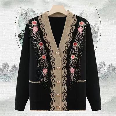 Ethnic Style Women's Thick Cardigan  Autumn Winter Embroidered Rhinestone V-Neck Knit Cardigan