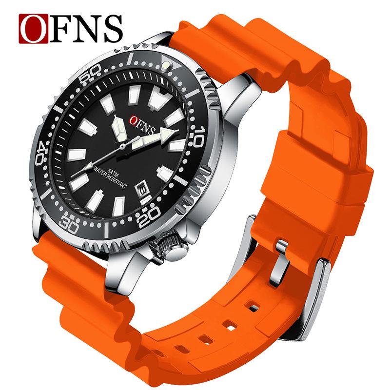 OFNS Men s Simple Waterproof Quartz Watch with Strap, Calendar, and Rotating Bezel оранжевый