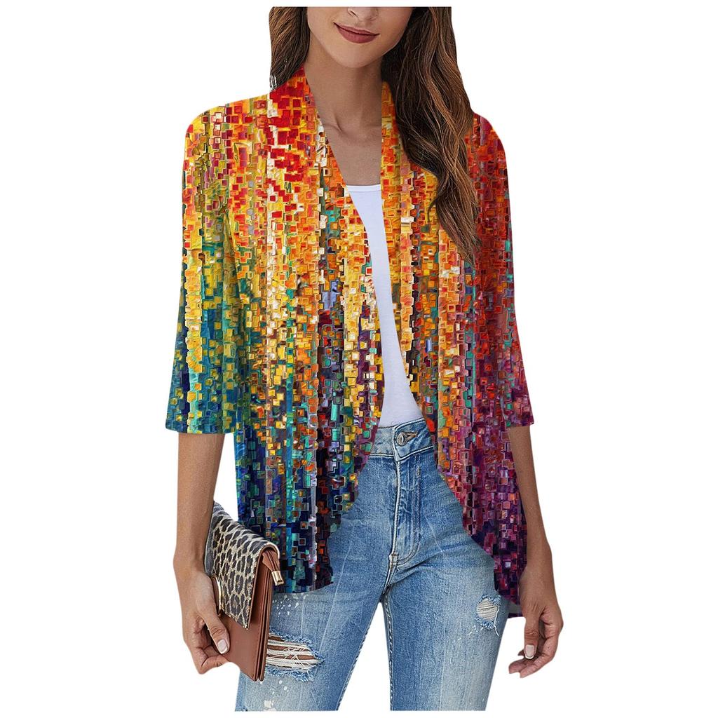 Damska codzienna, codzienna, krótka bluzka z rękawami, dekoltem w serek, modna, drukowana koszula, miękki, falbaniasty kardigan