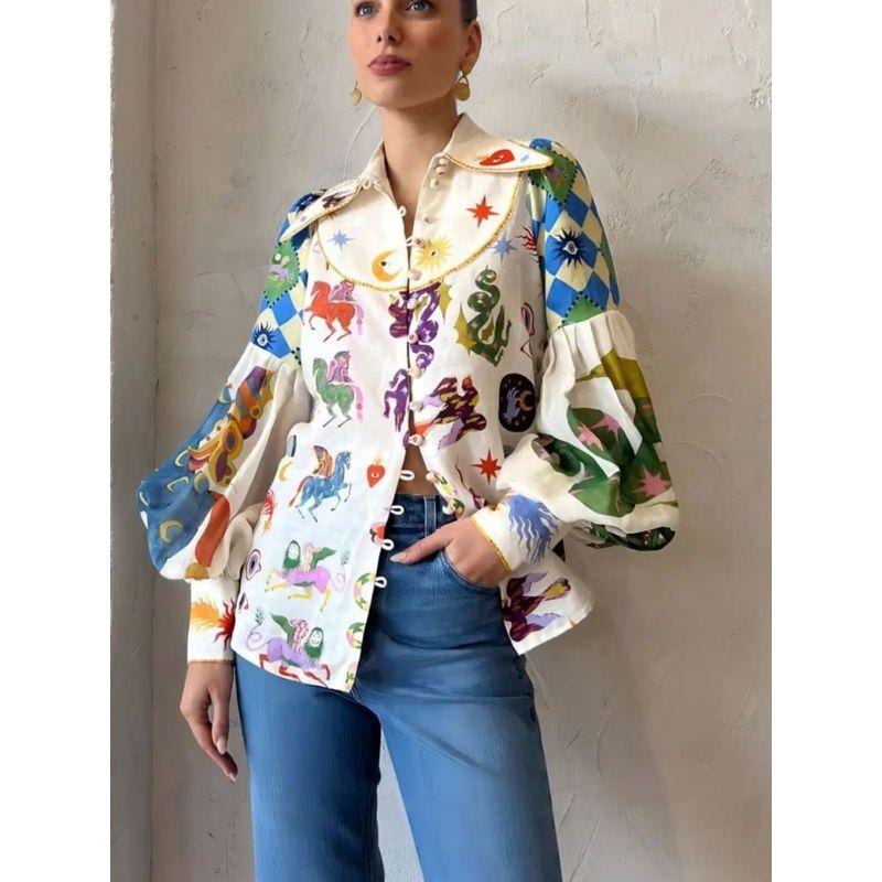 Graffiti Collar Lantern Sleep Shirt Graffiti Printing Lapel Lantern Sleeve Shirt