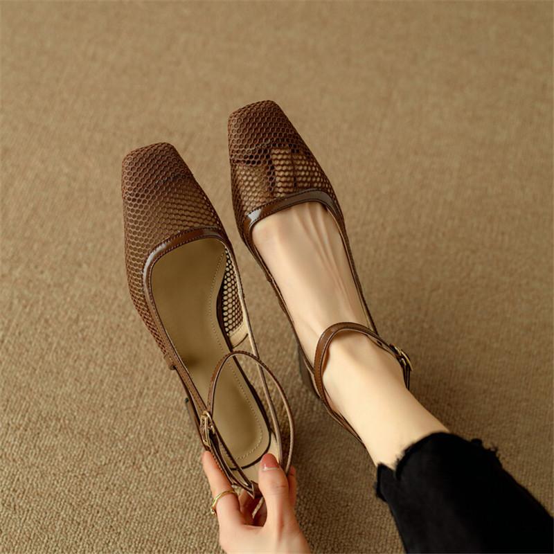 Fashion New Summer Sandals Cover Toe Mesh Sandals for Women Chunky Heels Sandals Fashion Hollow Out Ladies Shoes Office Women Shoes