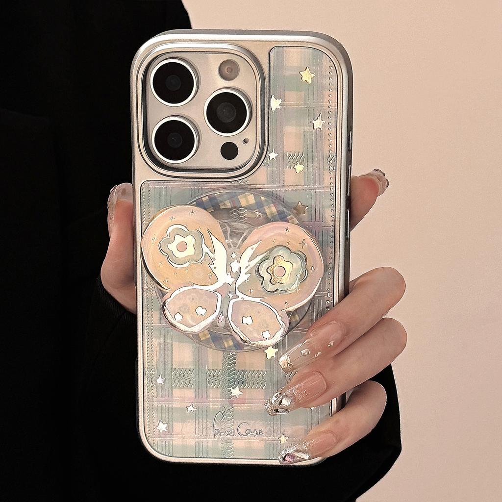 Gilded Suitable for Iphone15 Apple 16promax Mobile Phone Case Rotating Bow Magnetic Bracket 14 Plaid 13