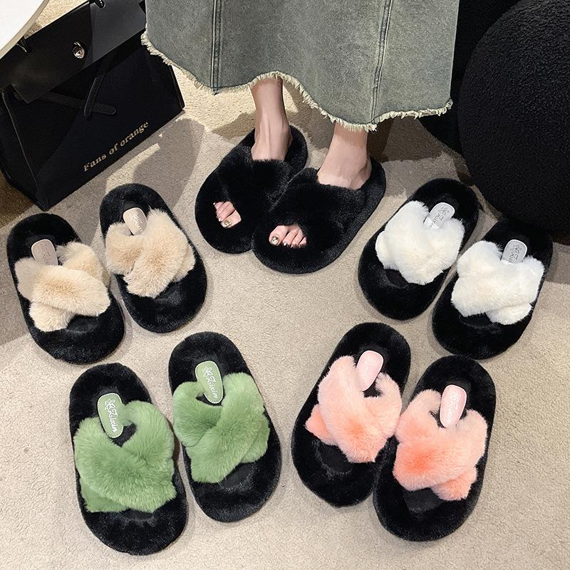 Large Size Thick Bottom Fluffy Slippers Women Wear Autumn and Winter 2025 New Cross Internet Celebrity Explosion Word Home Ins