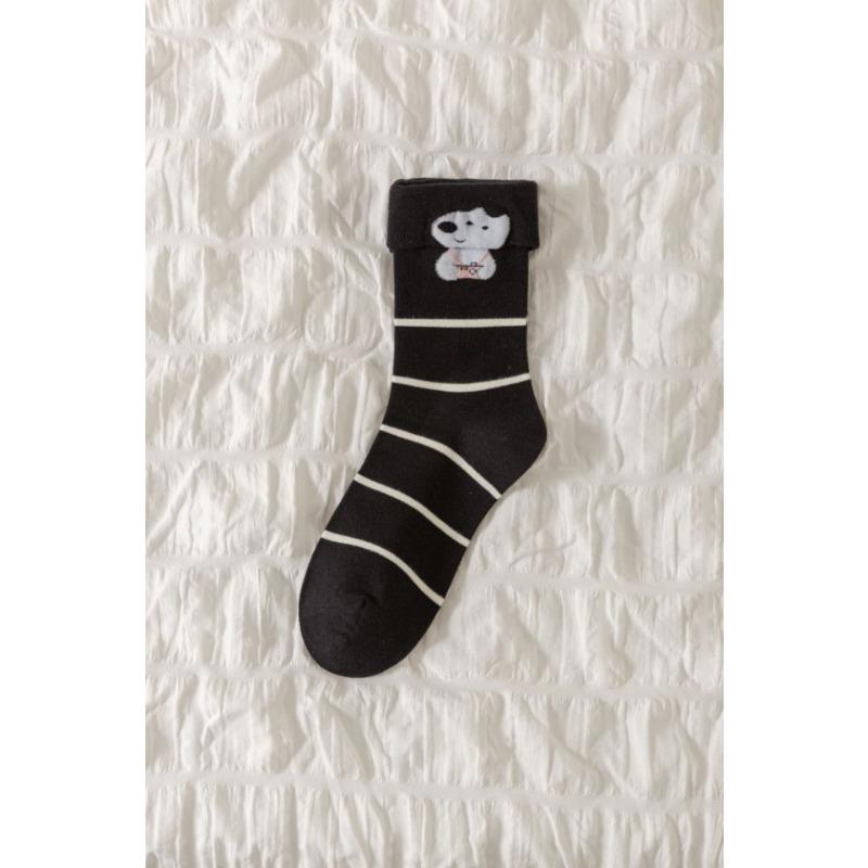 Cute Flanged Socks for Girls, Sweet Bow Mid-calf Socks, Versatile for Autumn and Winter, Cartoon Striped Student Pile Socks