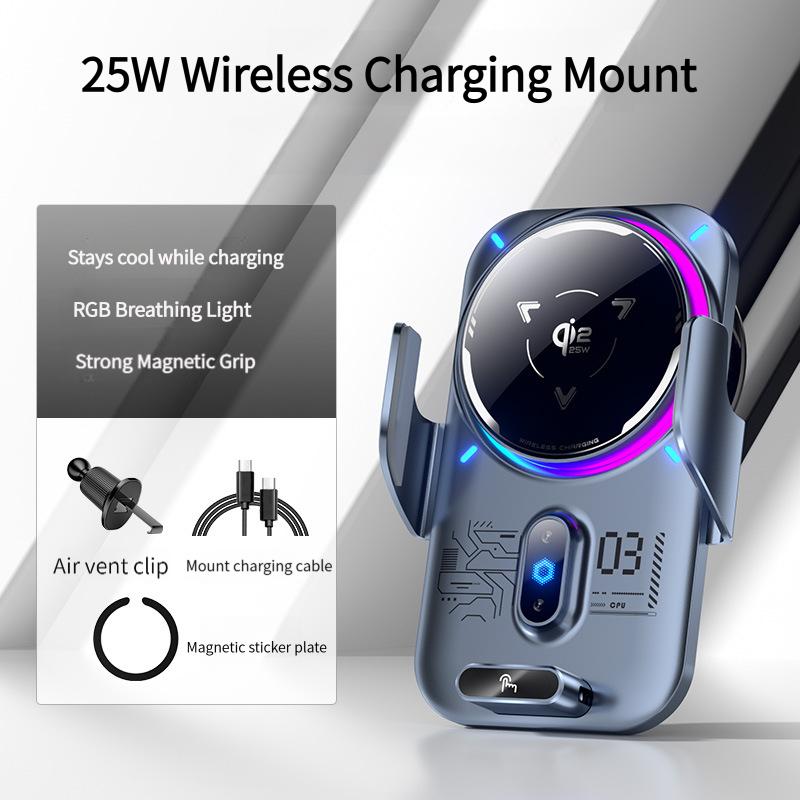 25W Semiconductor Cooling Wireless Car Charger Mount, Auto-Clamping Air Vent Phone Holder with Fast Charging & Cooling Fan for iPhone Samsung Android серый