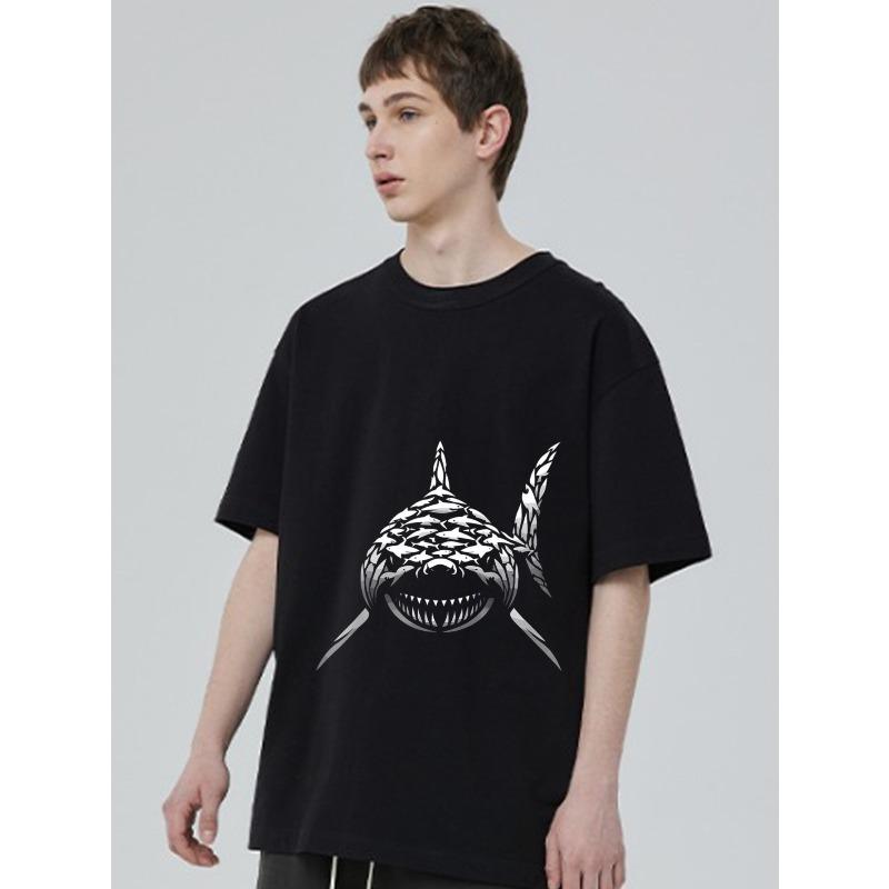 Black Oversized T Shirt with Shark Pattern and Stars Print for Casual Wear