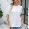 Ladies Summer Button Short Sleeve O Neck Solid Color Hollow Breathable Pullover T Shirt Top