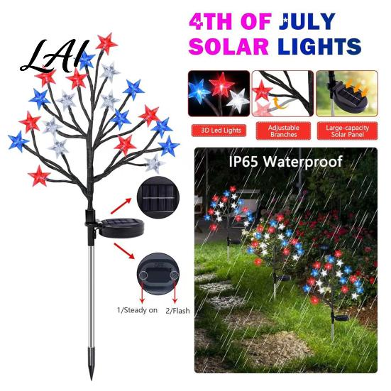 Independence Day Yard Decorations 4th of July Solar Garden Lights Red White Blue Star Outdoor Summer Party Lighting String Waterproof Flexible