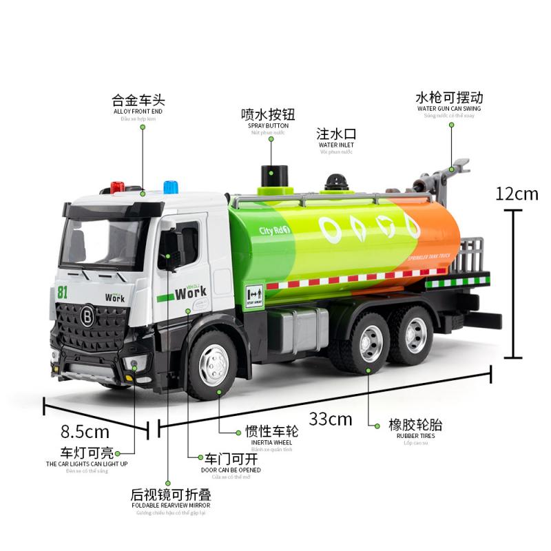 1:24 Scale Die-Cast Material Water Sprinkler and Sweeper Vehicle Model Realistic Sanitation Vehicle Toy with Sound and Light Effects Children's Toy