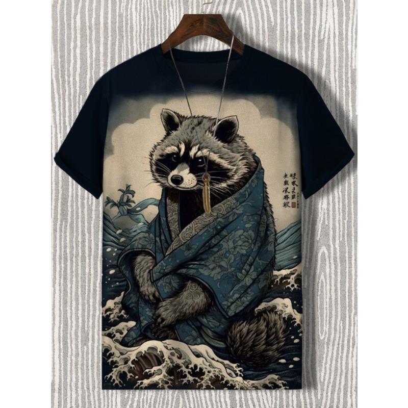 Herren T-Shirt im japanischen Stil mit Samurai-Katze-Grafik und 3D-Druck, lässiges kurzärmliges T-Shirt für den Außenbereich, übergroße Herrenbekleidung