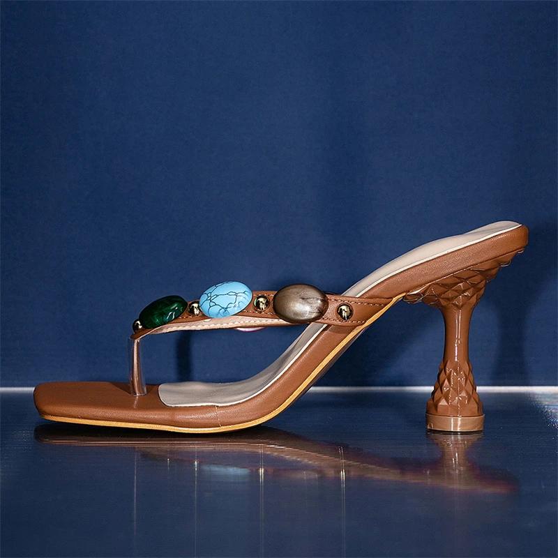 Fashion Eilyken Summer Square Clip Toe Women Slippers Fashion Thin High Heels Shoes Elegant Flip Flops Slide Zapatos Mujer