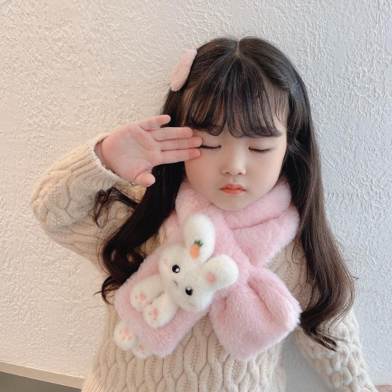 Boys Girls Winter Scarfs Thick Plush Cross Children's Scarf Baby Bib Cute Cartoon Rabbit Faux Fur Neck Protection Warm Shawl