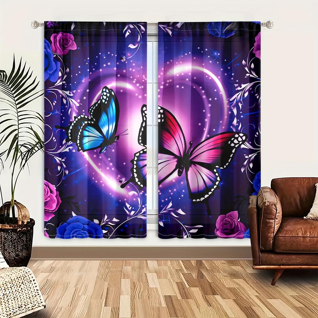 2PCS Butterfly heart curtain with pole pocket design to protect privacy suitable for kitchen living room office bedroom
