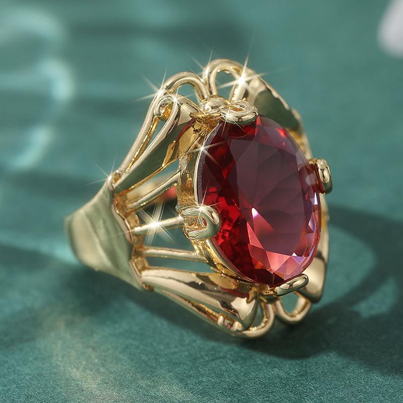 Vintage Inlaid Red Stone Women's Ring Trendy Gold Color Hand Carving Hollow Daily Wear Party Jewelry Anniversary Gift