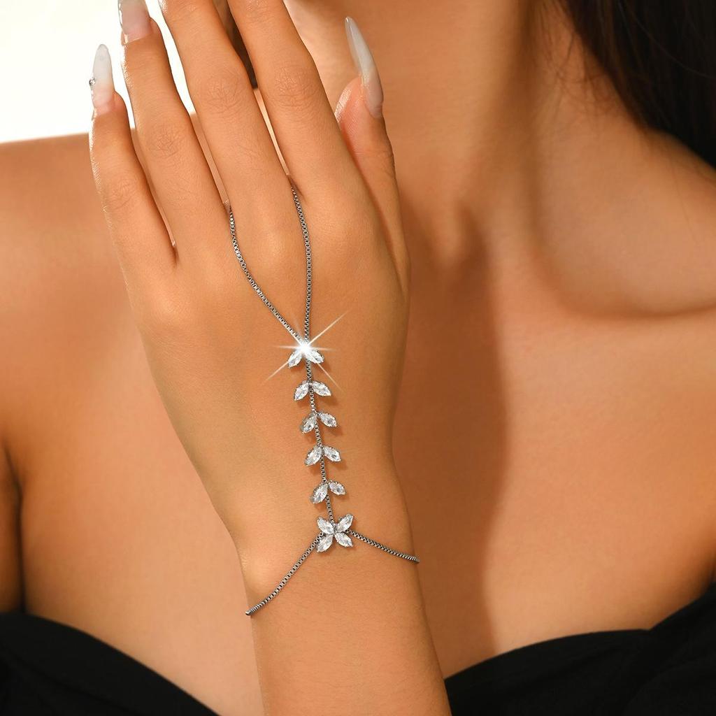 Eco-friendly Crystal Leaf & Zircon Flower Bracelet with Finger Chain for Women - Fashionable and Versatile.