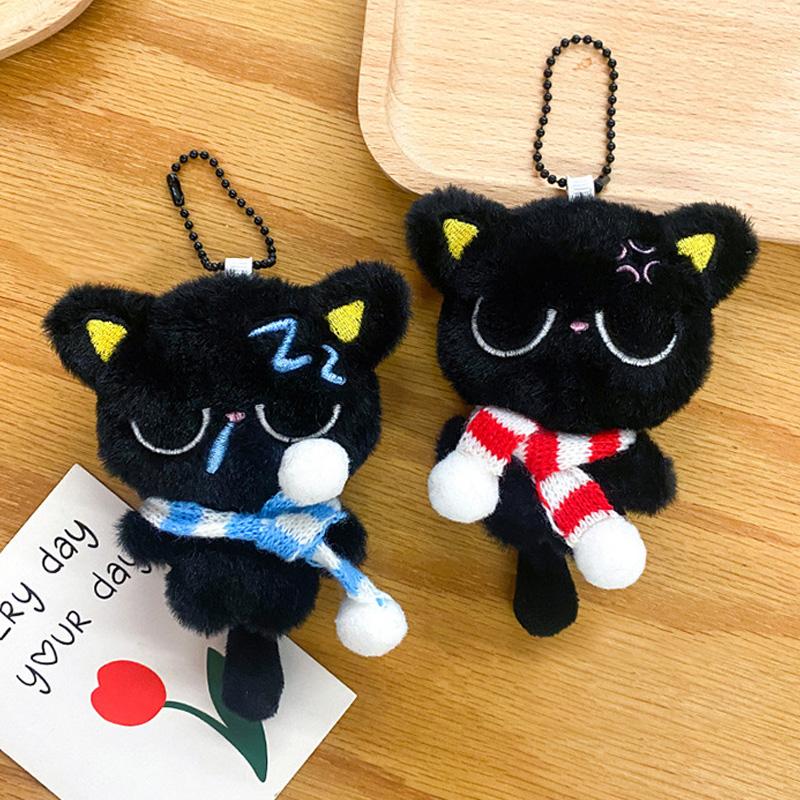 1PC Black Cat Bag Pendant Accessories Doll Pendant Cute Bag Keychain Key Ring Gifts Plush Phone Charms with Stripe Scarf