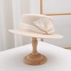Womens Wool Flat Top Hat Winter Warm Short Brim Fedora Vintage British Style Elegant Silk-Linen Trimmed Cap