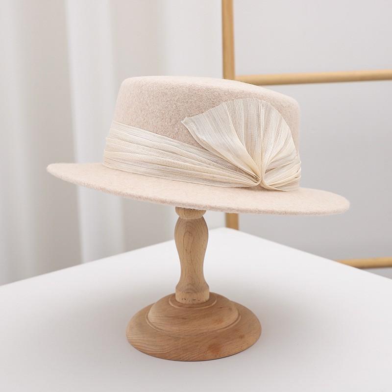 Womens Wool Flat Top Hat Winter Warm Short Brim Fedora Vintage British Style Elegant Silk-Linen Trimmed Cap