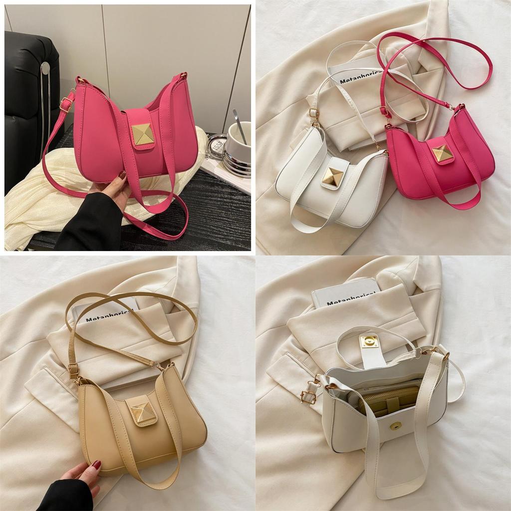 Simple Solid Color Gold Buckle Decoration Women Casual Shoulder Bag For Casual Street Style Women