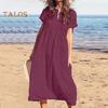 Women's Cotton Linen Maxi Dress Casual Short Sleeve V-Neck Sundress Loose Beach Pleated Long Dress for Summer Vacation