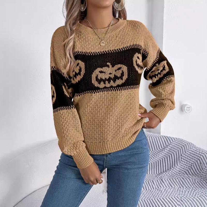 Autumn Winter Halloween Pumpkin Print Pullovers Sweaters Women Long Sleeve Casual Woman Sweater Elegant Round Neck Loose Warm Ladies Knit Jumper 25366