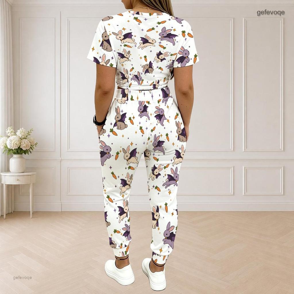Women Plus Size White Printed Round Neck Short Sleeve Top Drawstring Cuffed Pants Two Piece Set