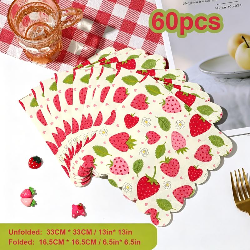 20/40/60 pcs Strawberry Pattern Disposable Paper Napkins, Fan Edged Berry Printed Decorative Napkins, Wedding, Birthday