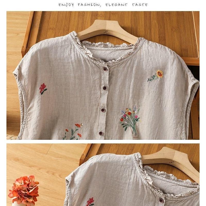 Women Navy Blue Cotton Linen Floral Embroidered Sleeveless Button Blouse With Ruffle Neck Summer Casual Top