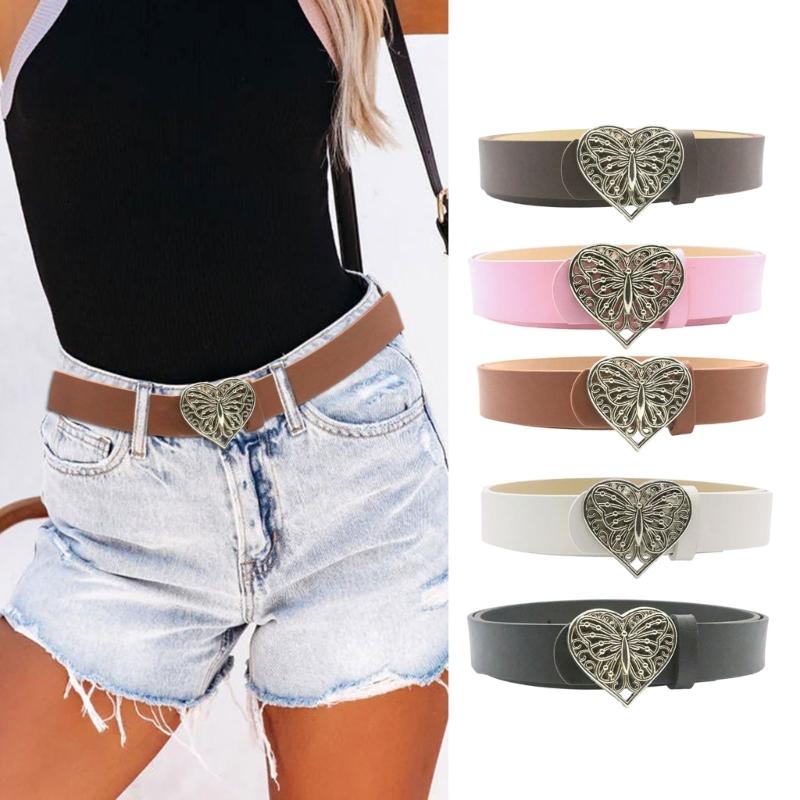 Love Heart Butterfly Buckle Belt for Teens Casual Belt Pants Jeans Belt Eye Catching Waistband Women Accessories