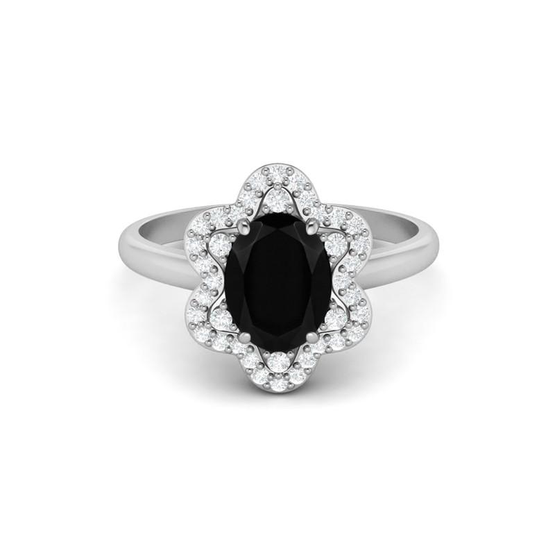 8X6MM Oval Black Spinel Gemstone 925 Sterling Silver Solitaire Halo Women Engagement Ring