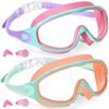 Swimming Goggles for Kids, Anti-fog and Waterproof Adjustable Pool Goggles with Button Earbuds, Nose Clip, 2PCS