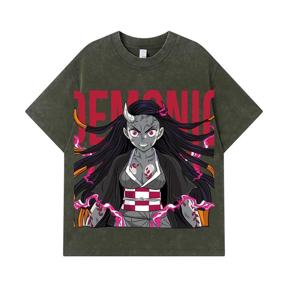 

275 GSM Washed T-shirts 100% Cotton Demon Slayer V114 Nezuko Print Unisex Heavy Cotton T Shirt S армия зеленый