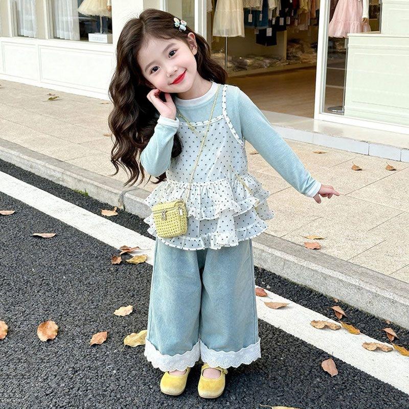 Girls Outfit Polka Dot Ruffle Strap Wide Leg Pants 3-Piece Set Korean Fashion Kids Clothing