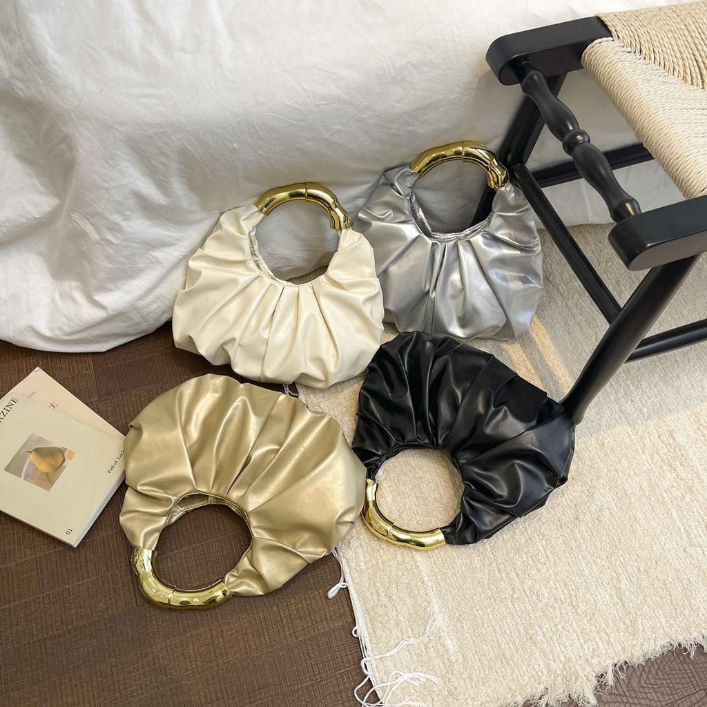 Fashion Ruched Faux Leather Women's Hobo Bag Gold Metal Handle Clutch Bags Elegant Evening Handbag for Party and Formal Events