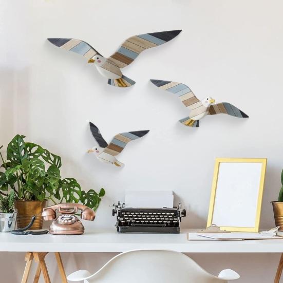 3Pcs/Set Wooden Seagull Wall Decoration Farmhouse Rustic Nautical Sea Bird Wall Art Sculpture Home Living Room Bathroom Wall Decorative Sign
