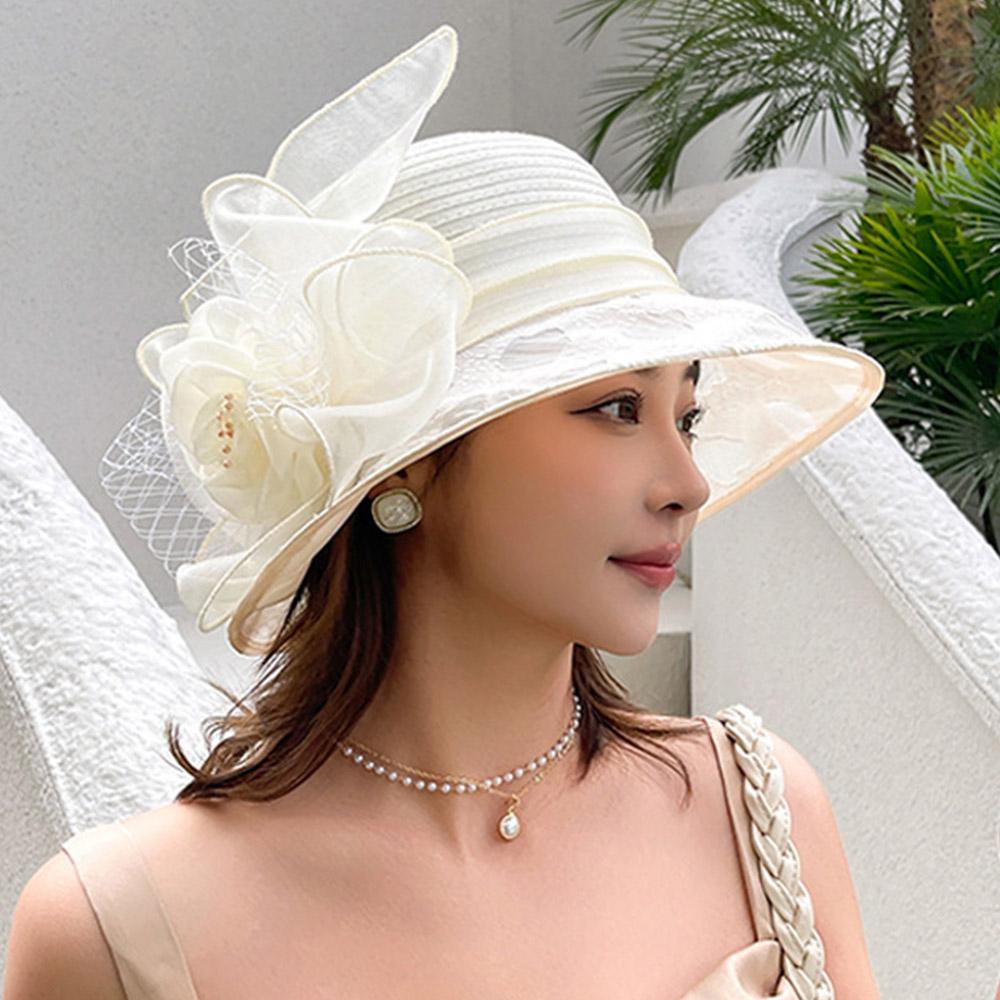 Elegant Wide Brim Bridal Tea Party Wedding Hat UV Protection Breathable Organza Hat Sun Hat Summer
