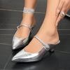Fashion Silver Vintage Pointed Toe Mules Slippers Women 2025 Summer Weaving Strap Close Toe Low Heel Slippers Vintage Jazz Shoes Size 43