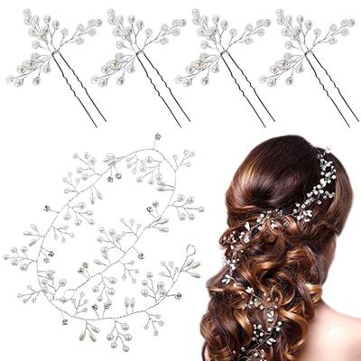 SNOWIE SOFT 5Pcs Bridal Hair Pin/Girls Hair Accessories, Flower Hair Accessories, Pearl Metal Wedding Hair Vine Crystal Beaded Hair Piece for Bride