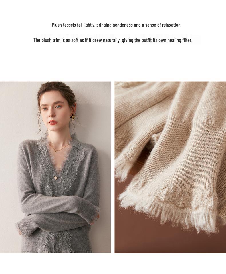 2025 Herbst/Winter Damen V-Ausschnitt Kaschmir Spitzen Strickjacke