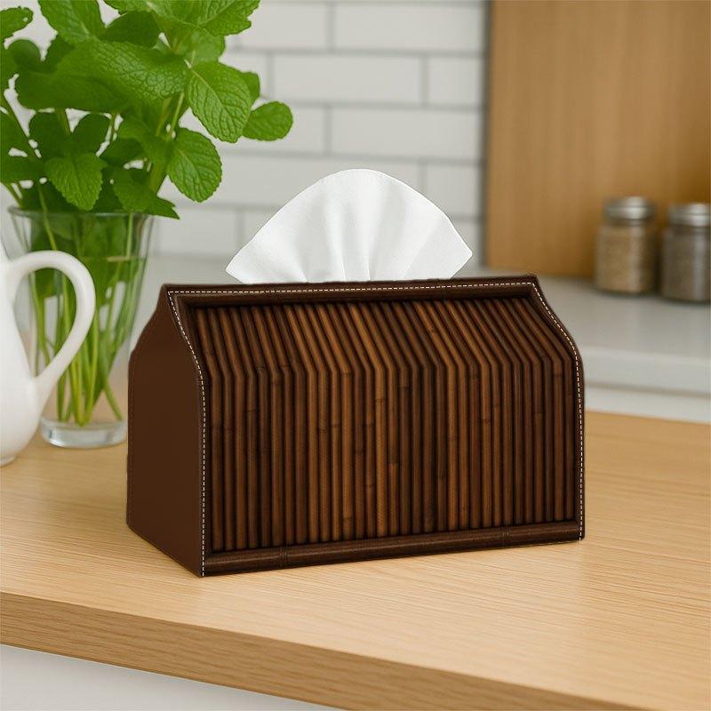 1pc, 2d Flat Printing, Tissue Box Natural Rustic Design Tissue Box Featuring a Bamboo Wood Texture, Waterproof And Ideal for Use in The Bathroom, Livi